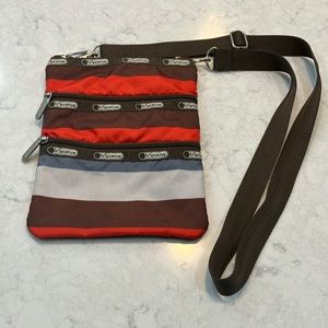 LeSportsac 3-Zip Stripe‎ Crossbody Brown, Orange, Gray - EUC